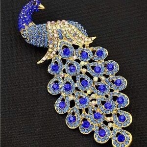 Elegant Blue and Gold Peacock Brooch NWOT